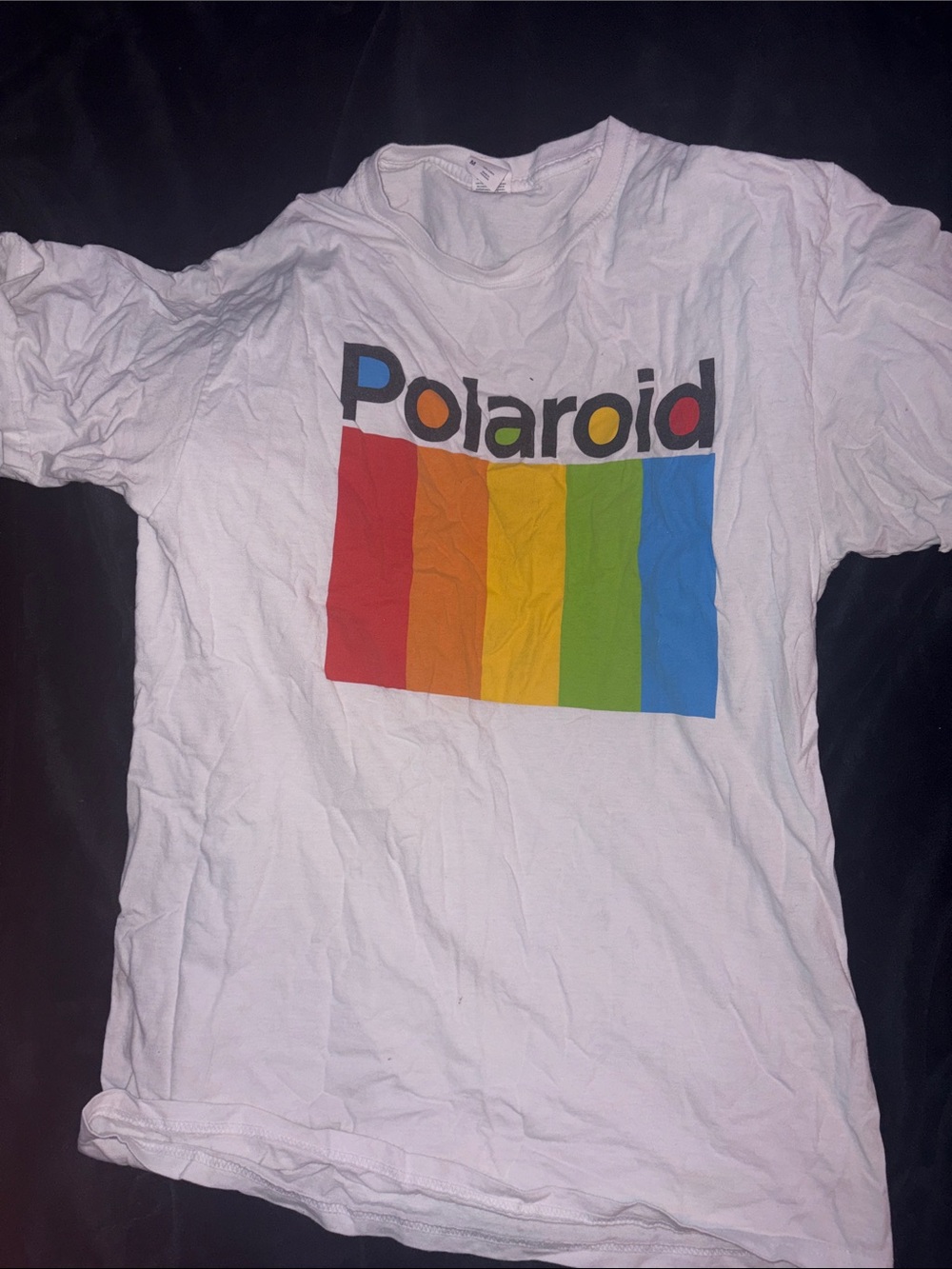 Polaroid White Tee with Vertical Rainbow Bars